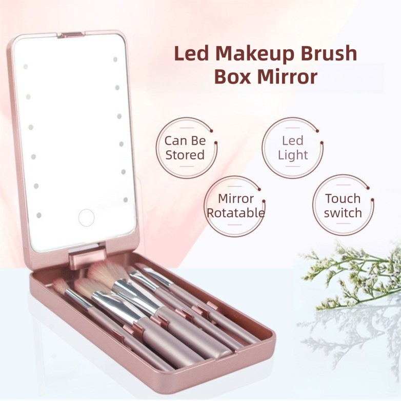 Pink Portable LED Makeup Mirror with Lights & Brushes (9x2.5x16CM) - Mini view 2