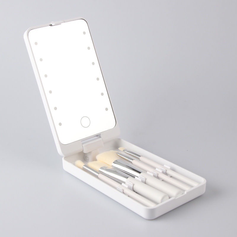 White Portable LED Makeup Mirror with Lights & Brushes (9x2.5x16CM) - Mini
