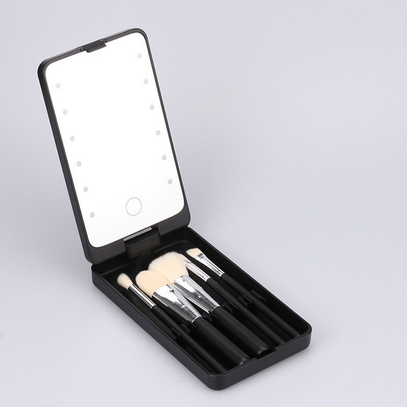 Black Portable LED Makeup Mirror with Lights & Brushes (9x2.5x16CM) - Mini