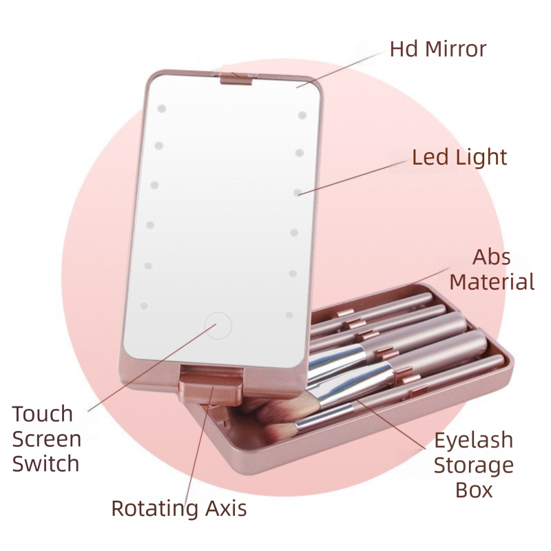 Black Portable LED Makeup Mirror with Lights & Brushes (9x2.5x16CM) - Mini view 3