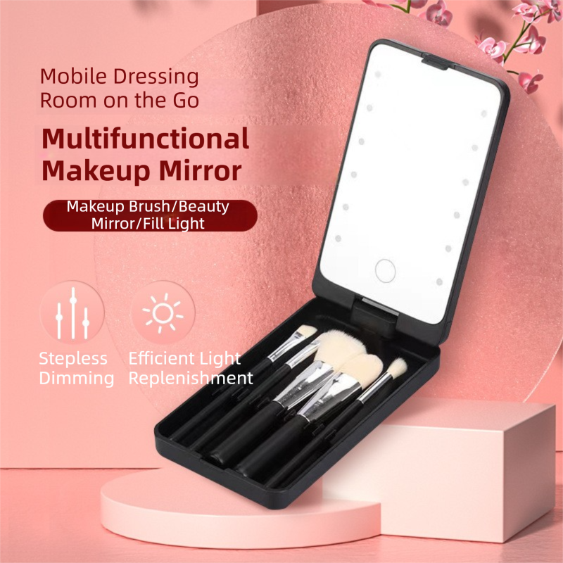Black Portable LED Makeup Mirror with Lights & Brushes (9x2.5x16CM) - Mini view 6