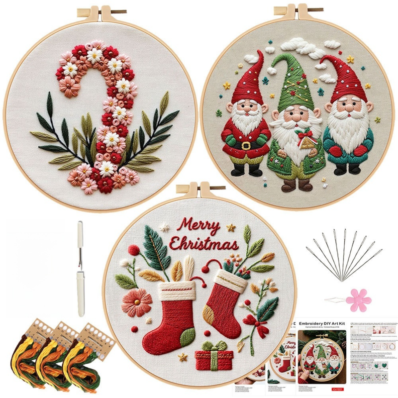 Christmas Embroidery DIY Kit with 20CM Faux Bamboo Hoop - Nordic Style Cross
