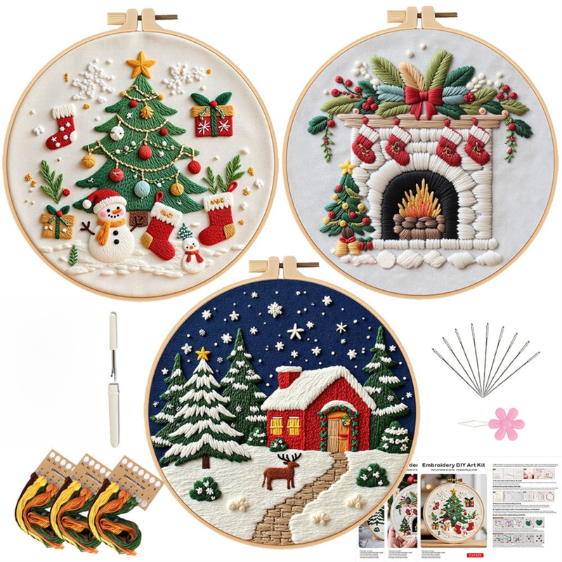 Christmas Embroidery DIY Kit with 20CM Faux Bamboo Hoop - Nordic Style Cross