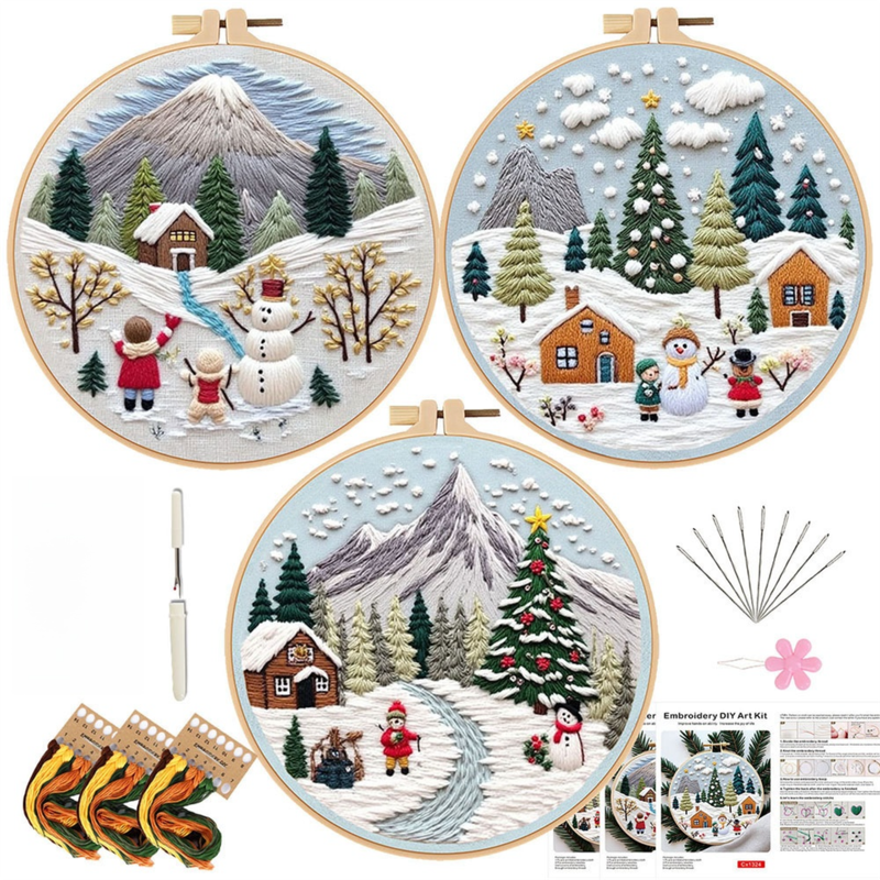 Christmas Embroidery DIY Kit with 20CM Faux Bamboo Hoop - Nordic Style Cross