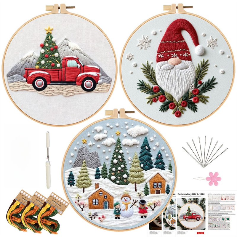 Christmas Embroidery DIY Kit with 20CM Faux Bamboo Hoop - Nordic Style Cross
