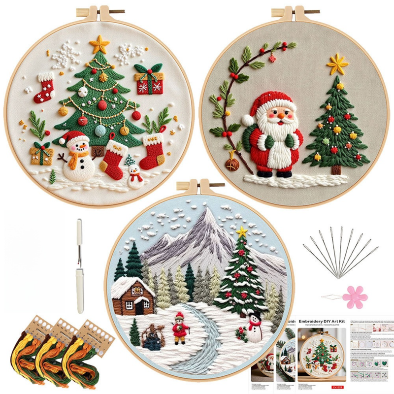 Christmas Embroidery DIY Kit with 20CM Faux Bamboo Hoop - Nordic Style Cross