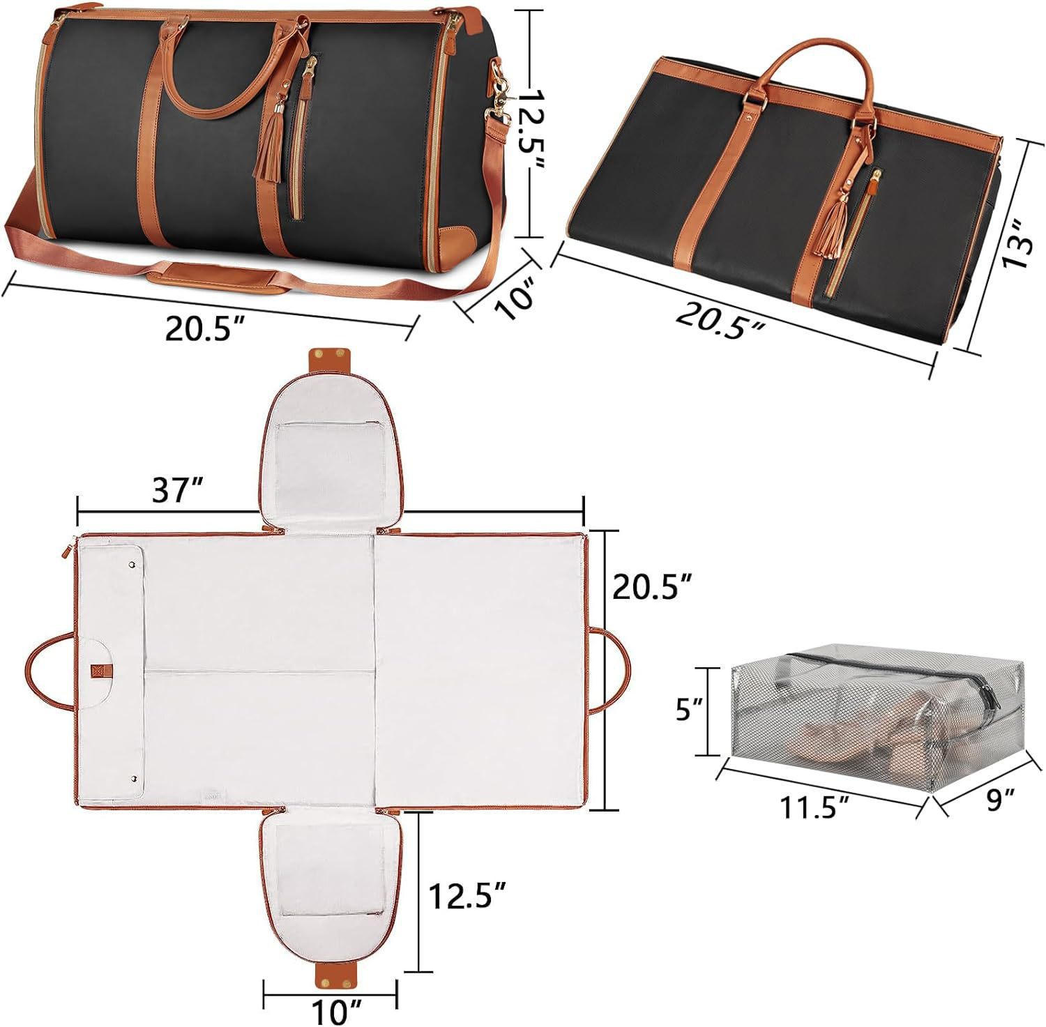 Black 56-75L Large Capacity Foldable Garment Duffel Bag with Shoe Pouch - PU view 6