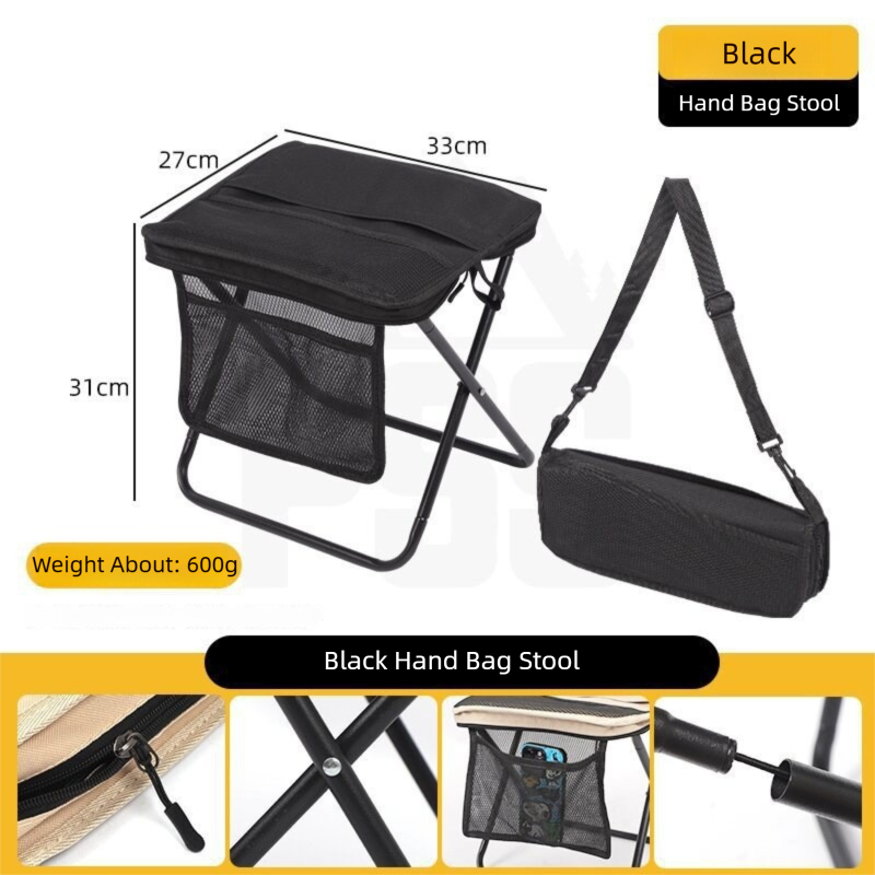Black Foldable Compact Handbag With Stool - Ultralight Travel Seat with