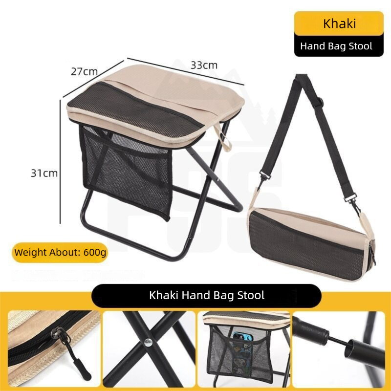 Khaki Foldable Compact Handbag With Stool - Ultralight Travel Seat with