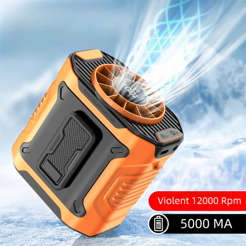 Orange Portable Waist Fan - Construction Site Cooling Solution with 360° Turbo