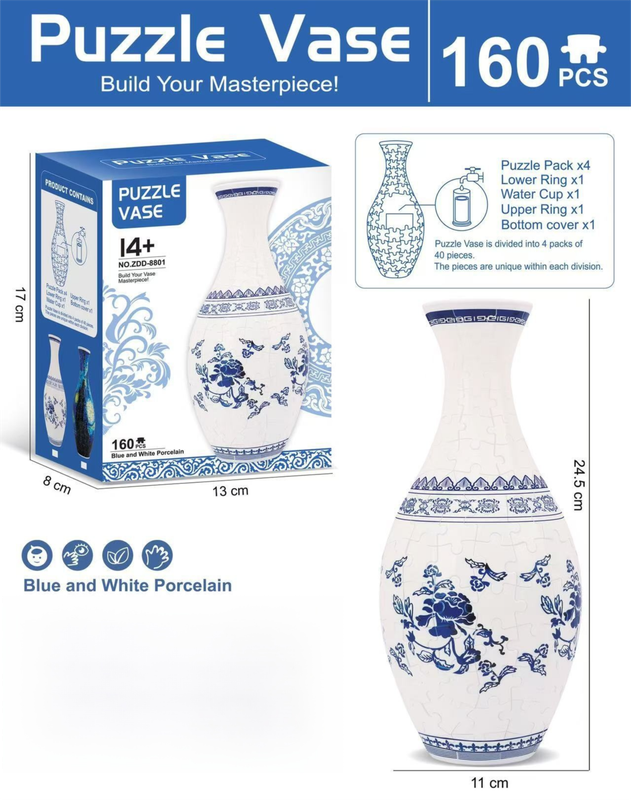 160 PCS Blue and White Porcelain 3D Puzzle Vase - DIY Interlocking Flower Vase Kit — image 1