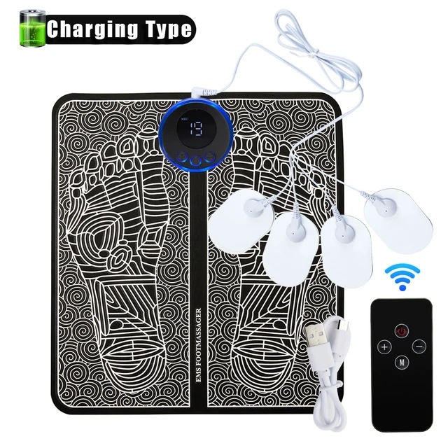 EMS Foot Massager Mat With 4 Adhesive Pads & Remote Control - Pulse Device for