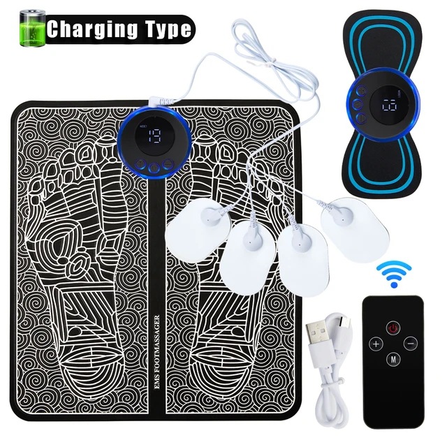 EMS Foot Massager Mat With Neck Patch + 4 Adhesive Pads + Remote Control