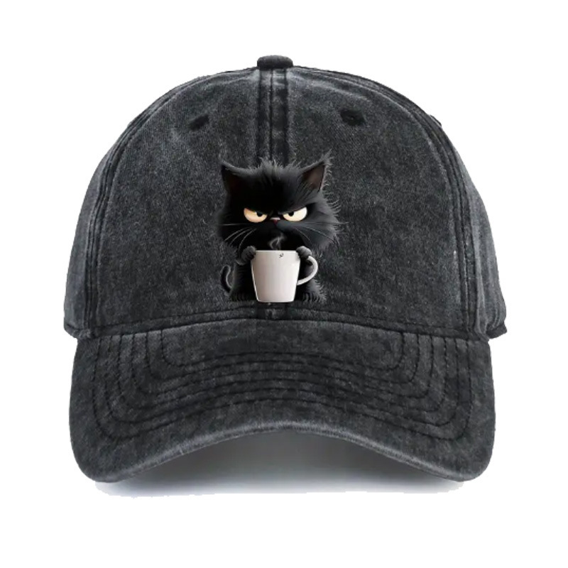 Black Washed Cotton Baseball Cap with Cat Print - Spring/Summer Casual