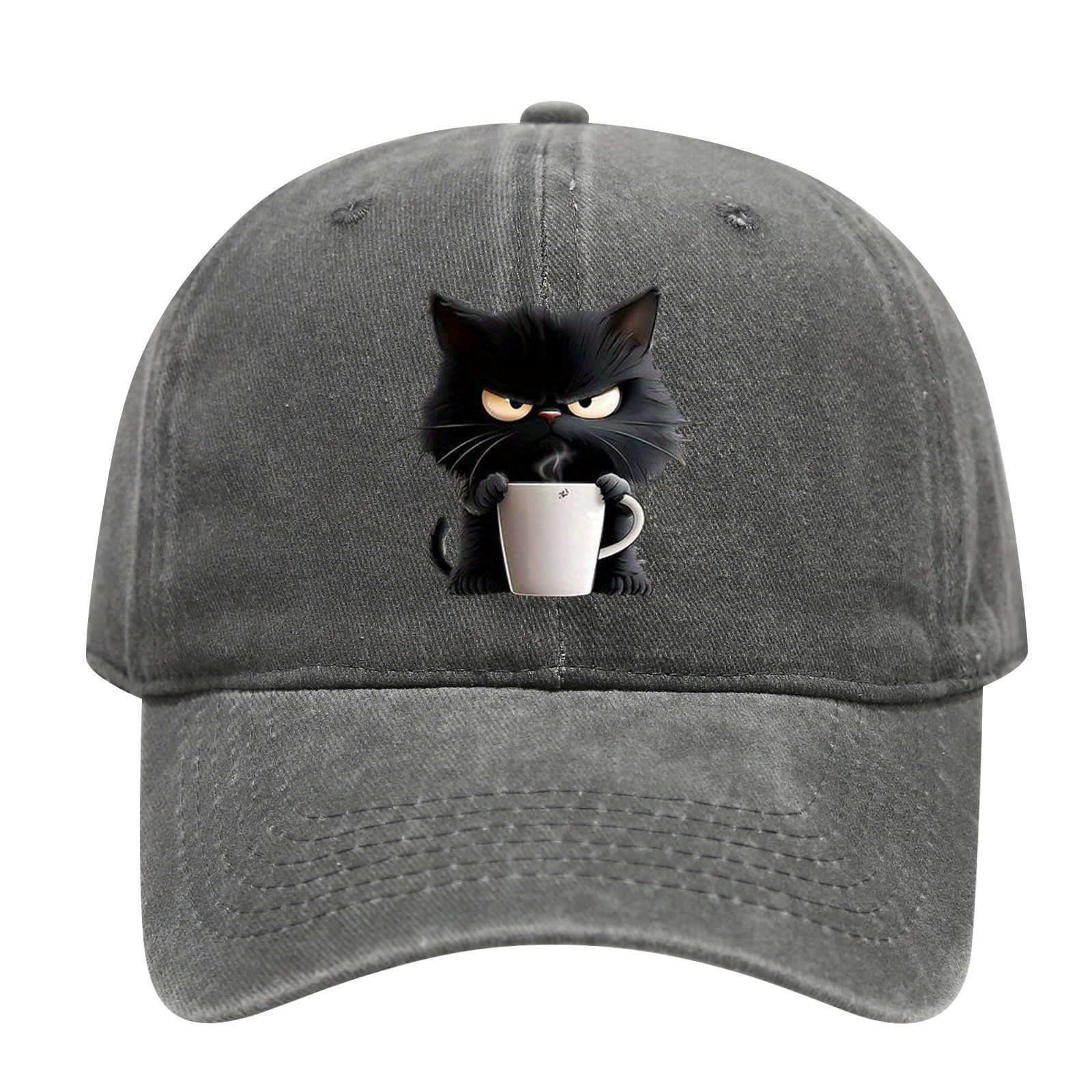 Grey Washed Cotton Baseball Cap with Cat Print - Spring/Summer Casual
