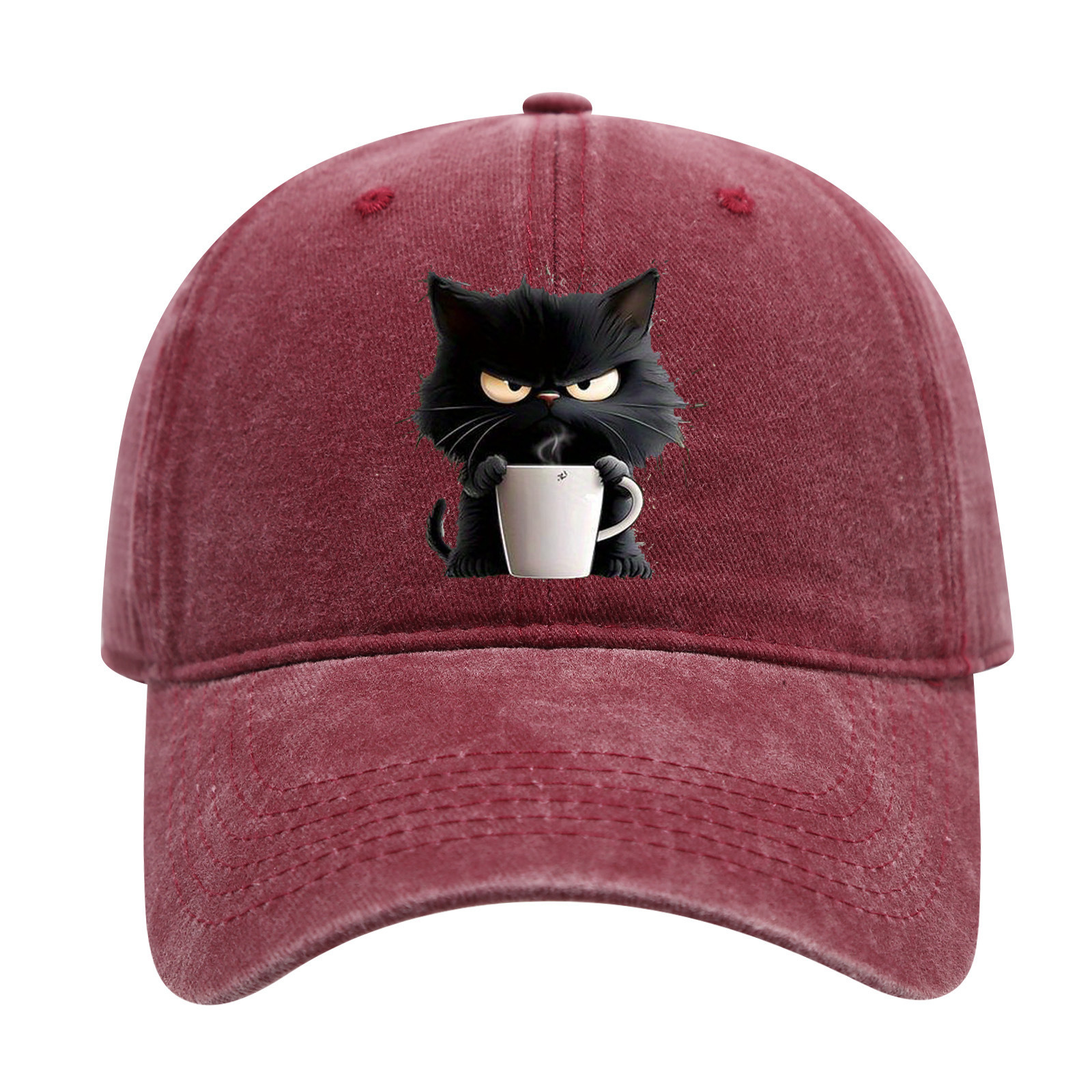 Red Washed Cotton Baseball Cap with Cat Print - Spring/Summer Casual