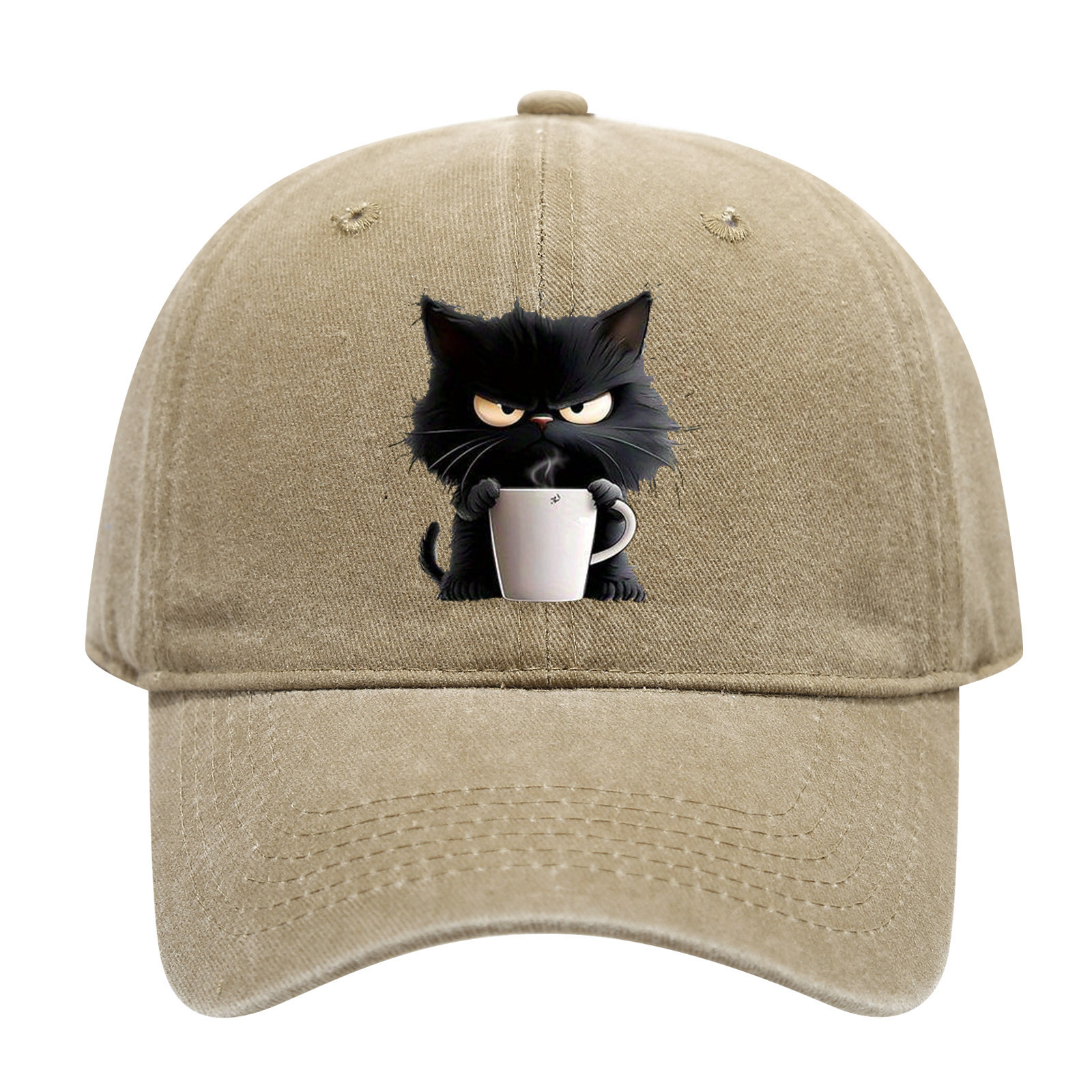 Khaki Washed Cotton Baseball Cap with Cat Print - Spring/Summer Casual