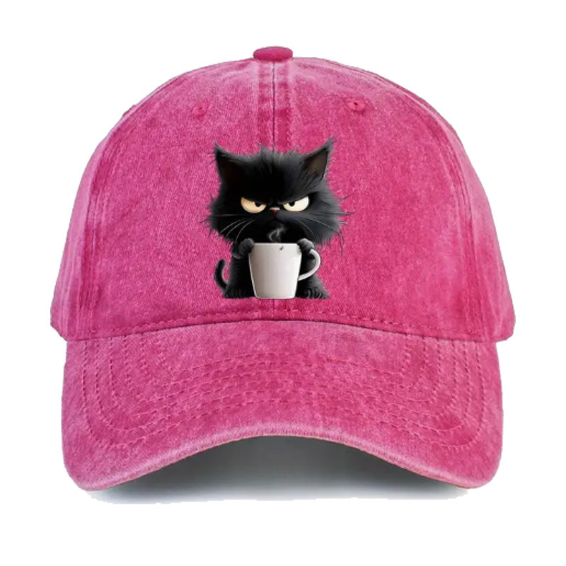 Pink Washed Cotton Baseball Cap with Cat Print - Spring/Summer Casual