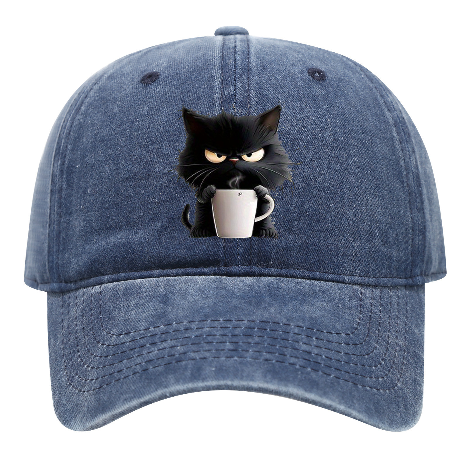 Blue Washed Cotton Baseball Cap with Cat Print - Spring/Summer Casual
