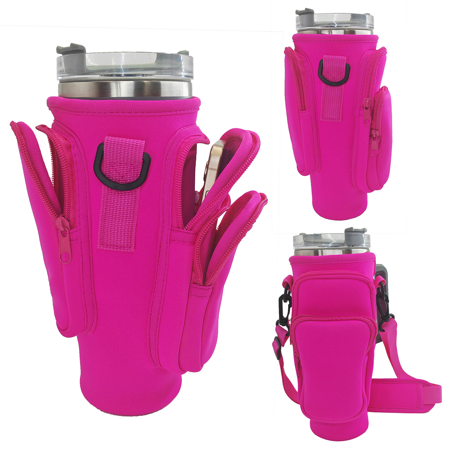 40oz Rose Red Insulated Tumbler Carrier Sleeve with Adjustable Shoulder Strap