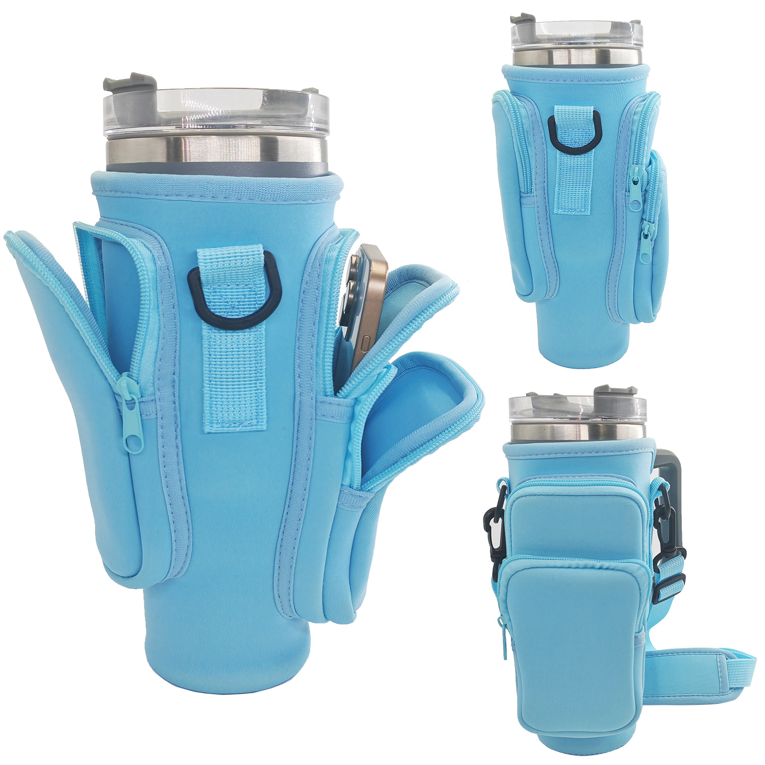 40oz Blue Insulated Tumbler Carrier Sleeve with Adjustable Shoulder Strap