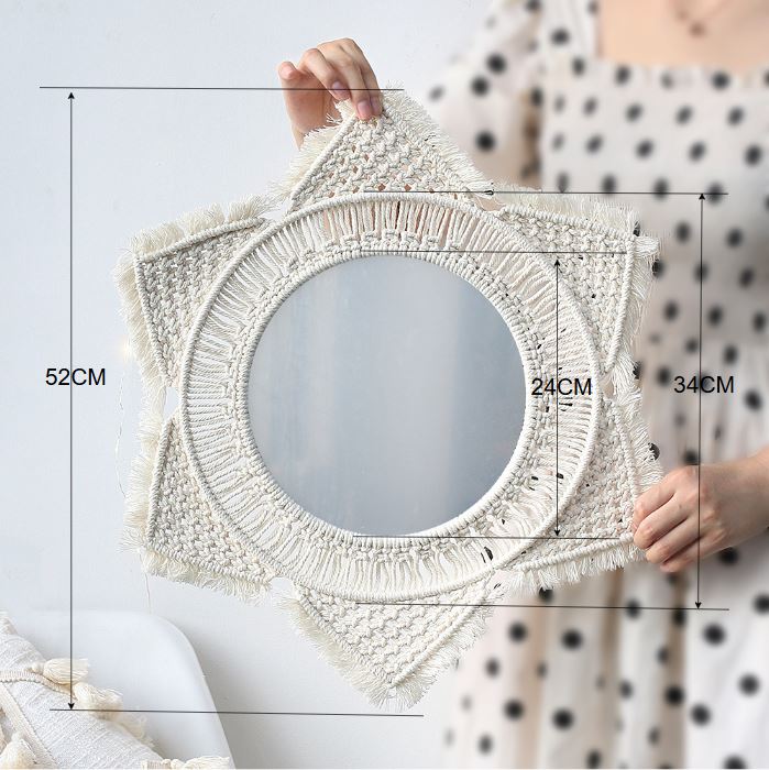 M0864 Bohemian Macrame Wall Hanging Mirror with Hand-Woven Petal Accents view 2