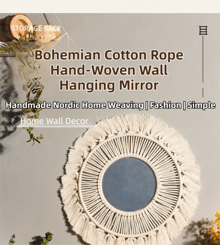 M0864 Bohemian Macrame Wall Hanging Mirror with Hand-Woven Petal Accents view 3