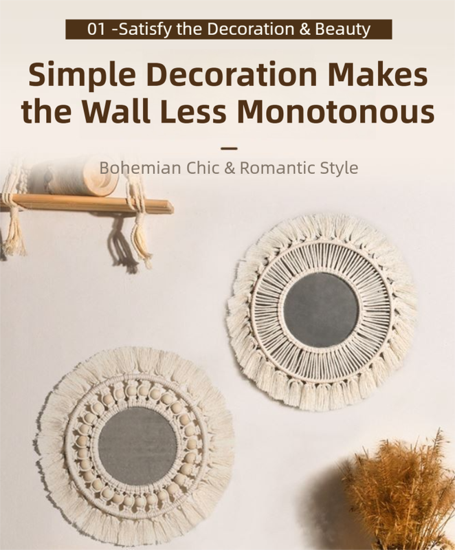 M0404 Bohemian Macrame Wall Hanging Mirror with Hand-Woven Petal Accents view 3
