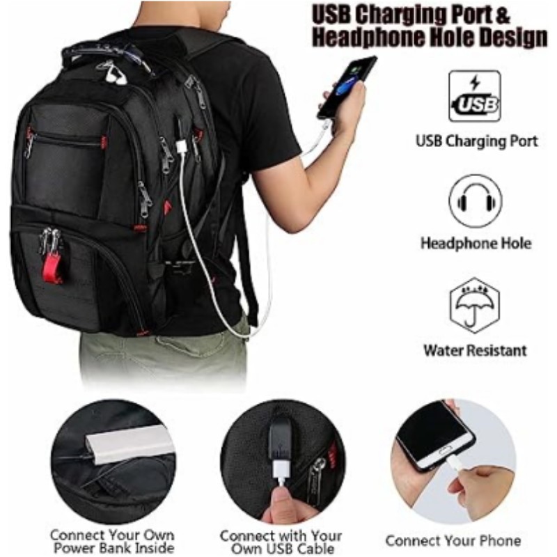 Black 50L Extra Large Laptop Backpack with USB Charging Port - Waterproof view 3