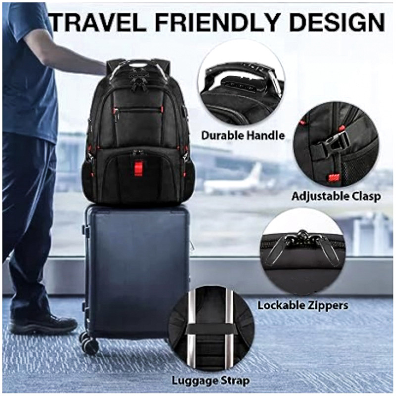 Black 50L Extra Large Laptop Backpack with USB Charging Port - Waterproof view 6