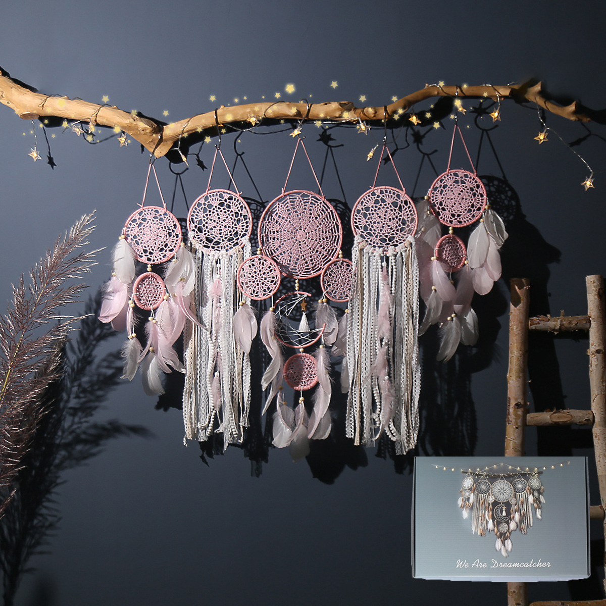 5-Piece Bohemian Handmade Dreamcatcher Wall Hanging Set (Pink) - Nordic Style