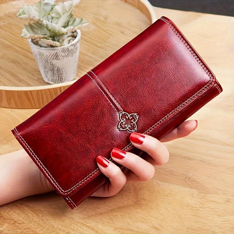 Red Women's Vintage Oil Wax Leather Long Wallet - Elegant Large Capacity Purse