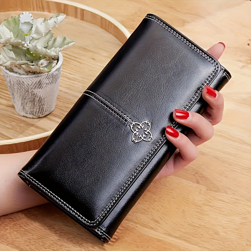 Black Women's Vintage Oil Wax Leather Long Wallet - Elegant Large Capacity