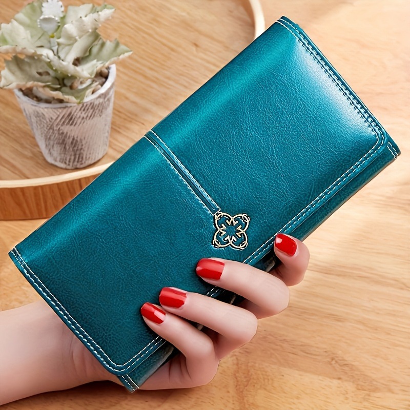 Peacock Blue Women's Vintage Oil Wax Leather Long Wallet - Elegant Large
