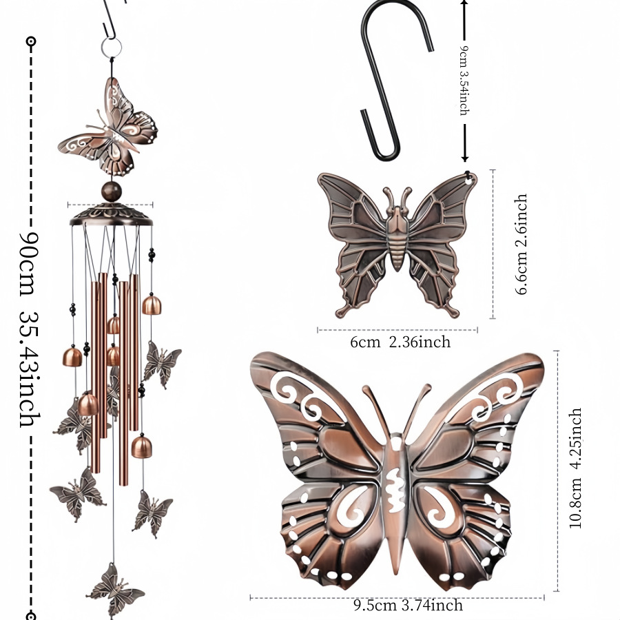 90cm Large Creative Butterfly Vintage Metal Tube Wind Chimes - Handcrafted view 2