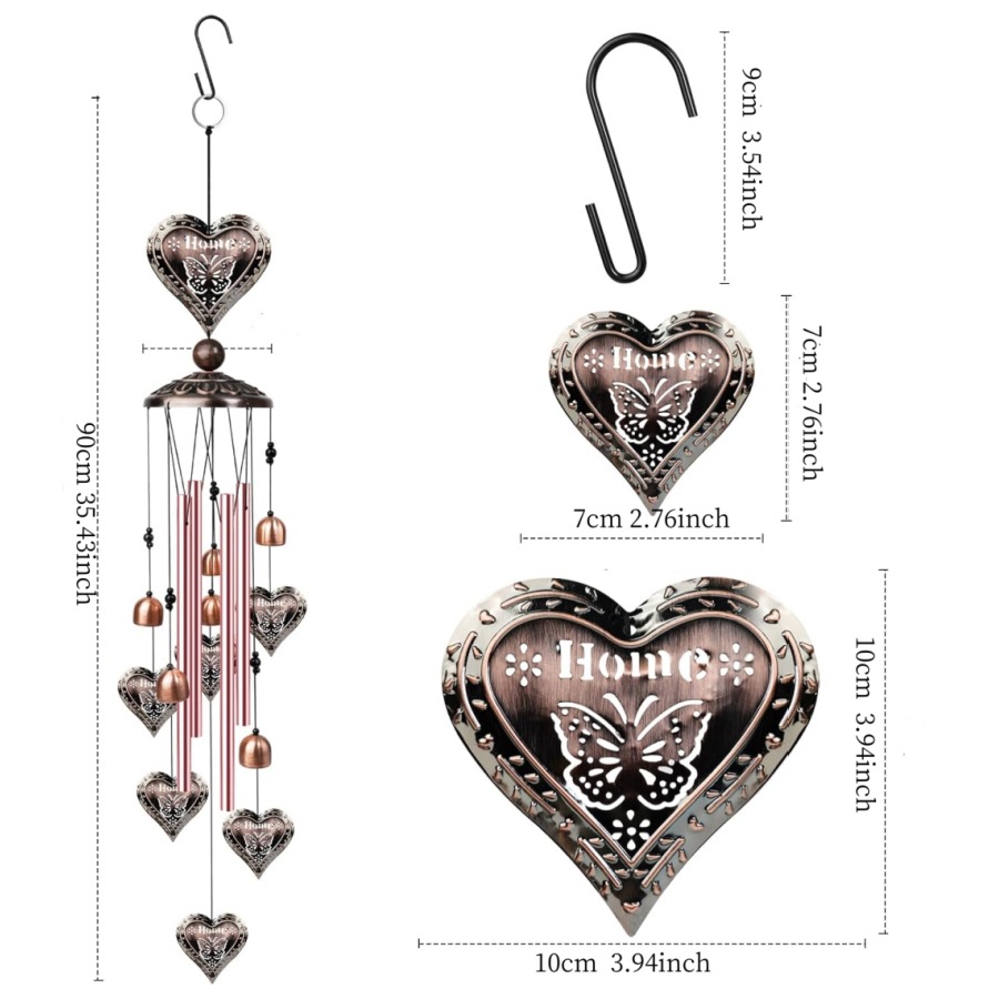 90cm Large Bronze Hearts Vintage Metal Tube Wind Chimes - Handcrafted Musical view 2