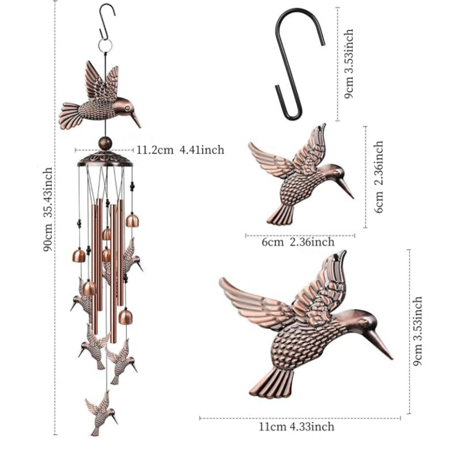90cm Large Creative Hummingbirds Vintage Metal Tube Wind Chimes - Handcrafted view 2