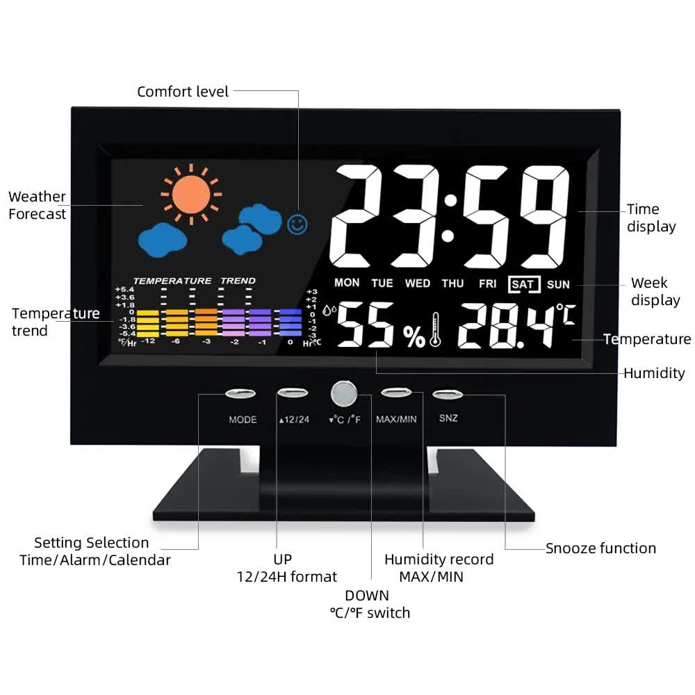 Digital Weather Forecast Clock With Alarm Clock - Color LCD Display with Date view 4