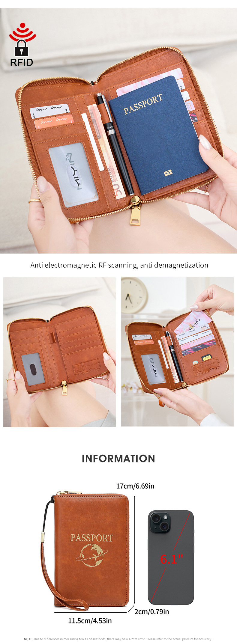 Light Brown RFID Blocking Travel Passport Holder - Multi-functional Waterproof view 4