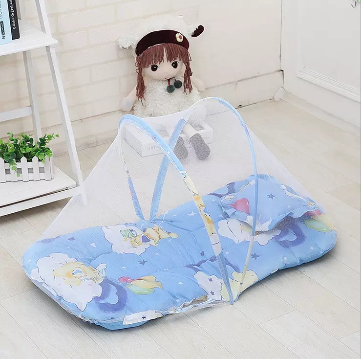 Blue Portable 3-in-1 Mosquito Net Set with Soft Sleep Pad & Pillow - Foldable view 3
