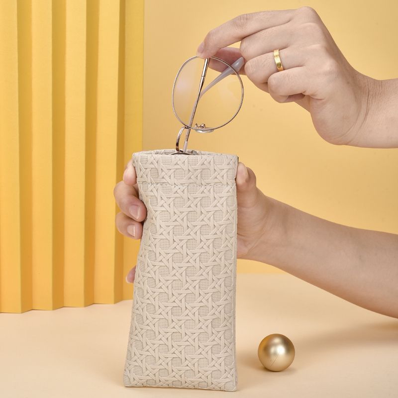 3-Pack Beige Woven Texture Eyeglass Cases - Retro PU Leather Anti-Pressure view 2