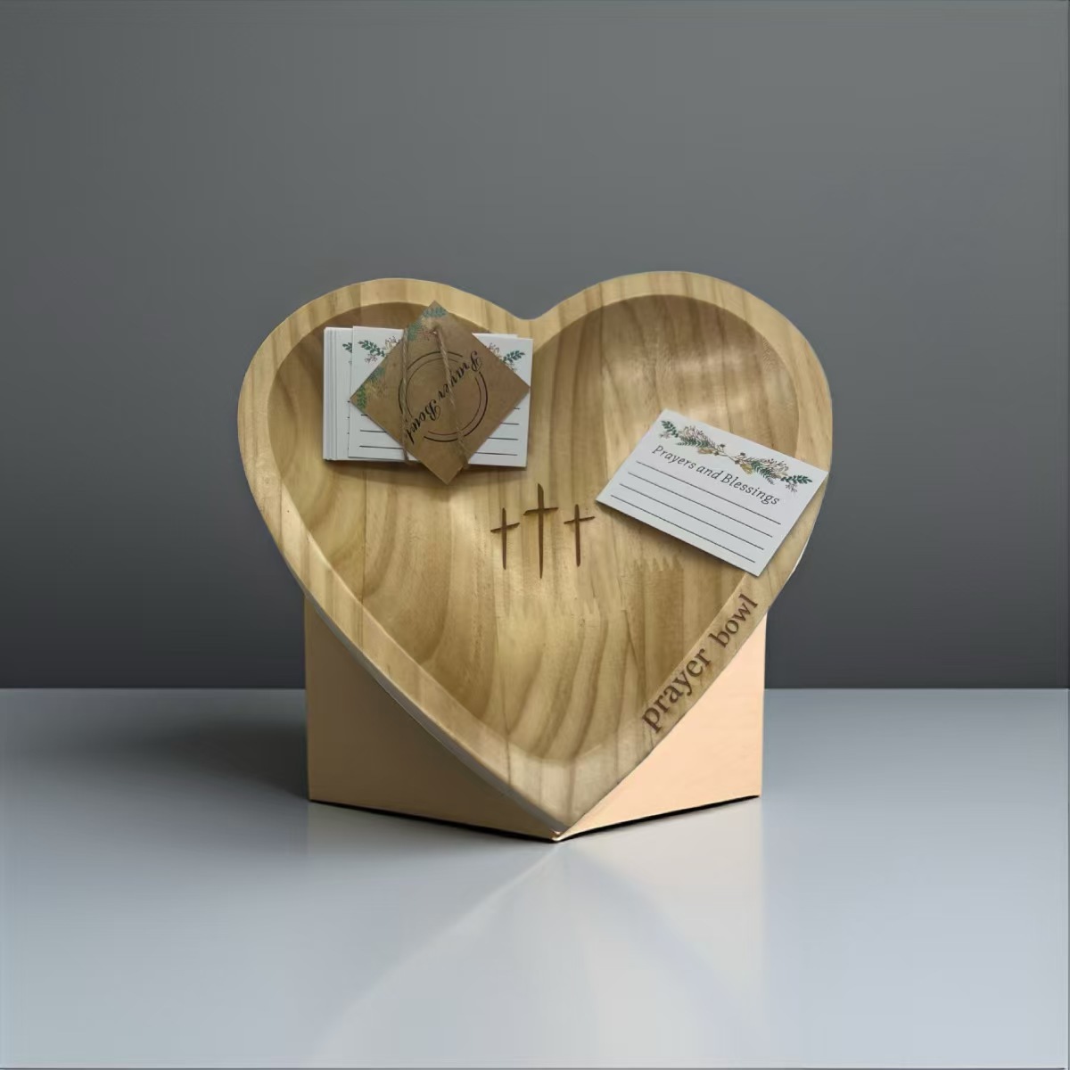Solid Pine Wood Heart Prayer Bowl with 48 Prayer Cards - Handcrafted Gift for view 2
