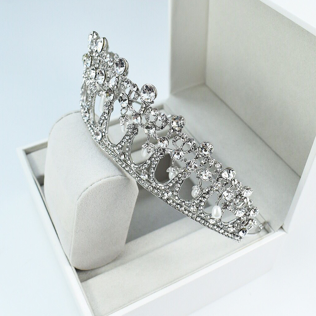 Exquisite Handmade Bridal Pearl and Rhinestone Crown - K9 White Crystal view 4