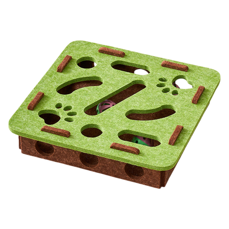 Green-Brown Felt Puzzle Square Shape Box Cat Toy with 2 Metal Bell Balls
