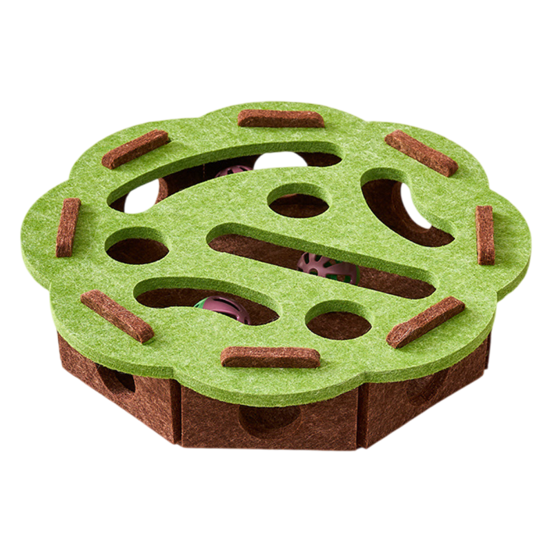 Green-Brown Felt Puzzle Flower Shape Box Cat Toy with 2 Metal Bell Balls