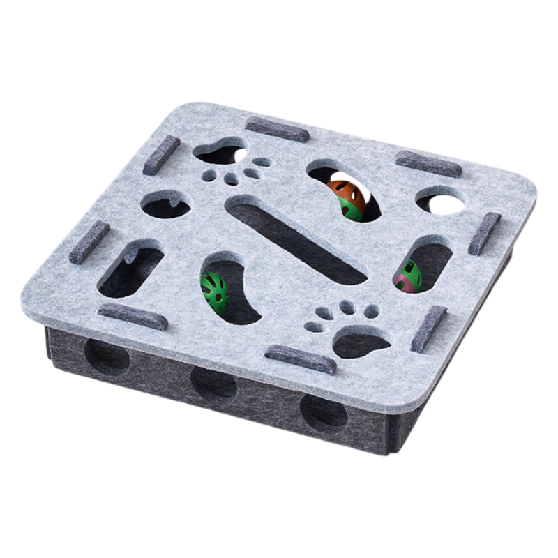 Grey Felt Puzzle Square Shape Box Cat Toy with 2 Metal Bell Balls
