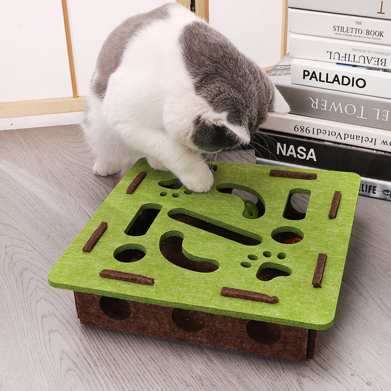 Grey Felt Puzzle Square Shape Box Cat Toy with 2 Metal Bell Balls view 5