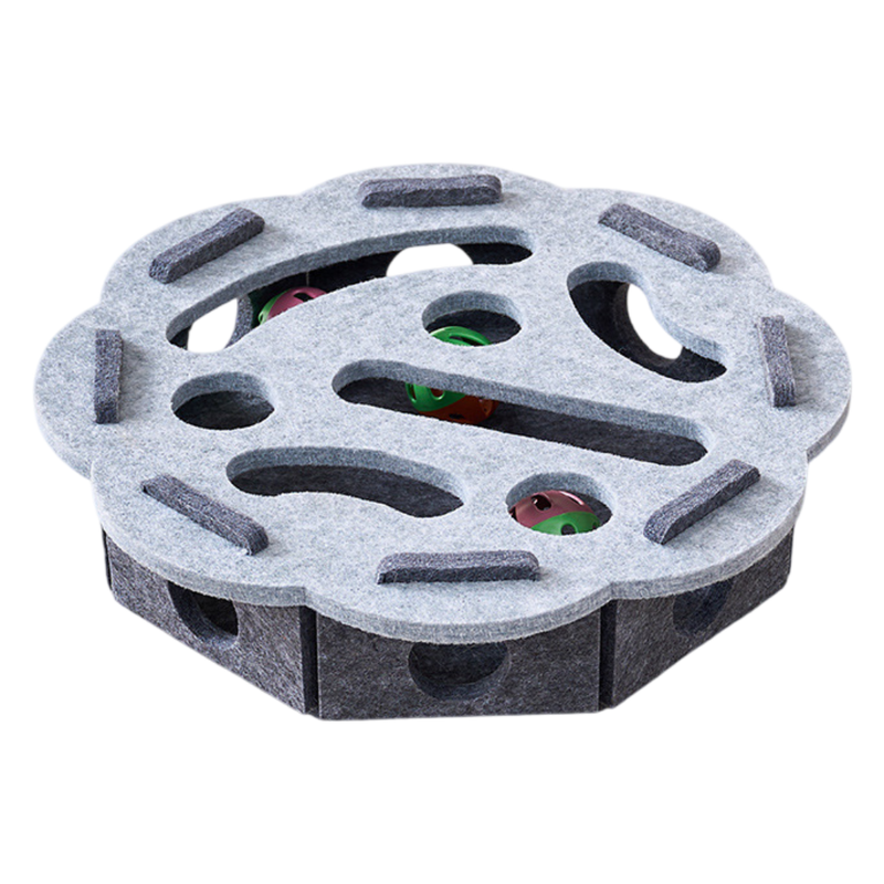 Grey Felt Puzzle Flower Shape Box Cat Toy with 2 Metal Bell Balls