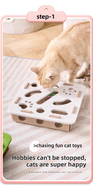 Grey Felt Puzzle Flower Shape Box Cat Toy with 2 Metal Bell Balls view 2