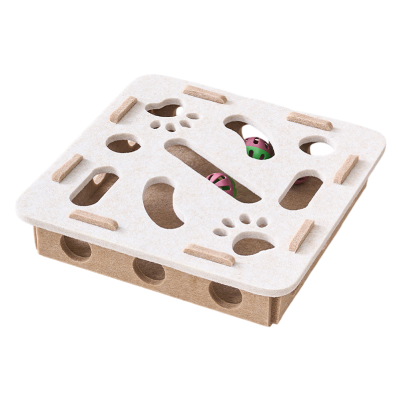 White Felt Puzzle Square Shape Box Cat Toy with 2 Metal Bell Balls
